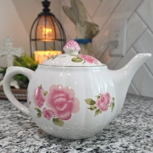 White Ceramic Teapot with Pink Rose Motif